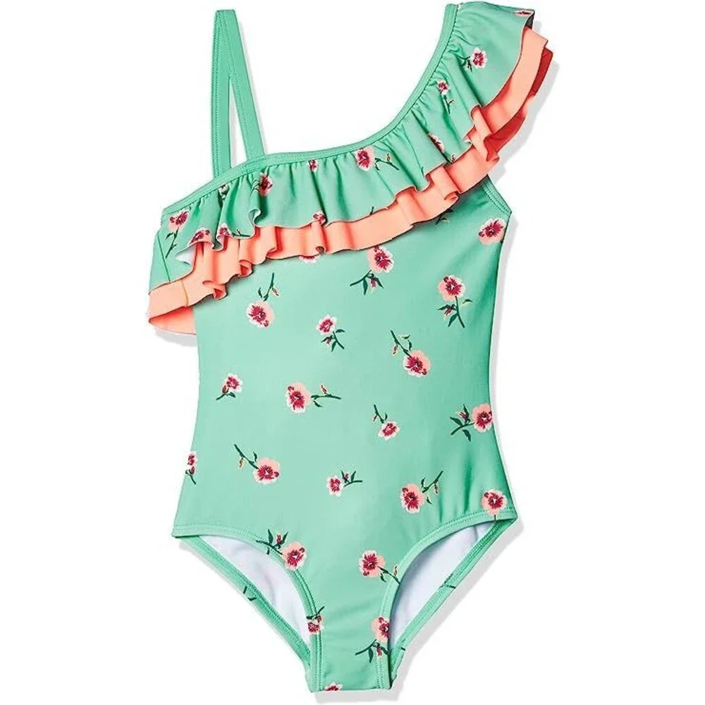 Kanu Surf Girls' Morgan Floral Ruffle 1-Shoulder‎ 1-Piece Swimsuit, Aqua, 14